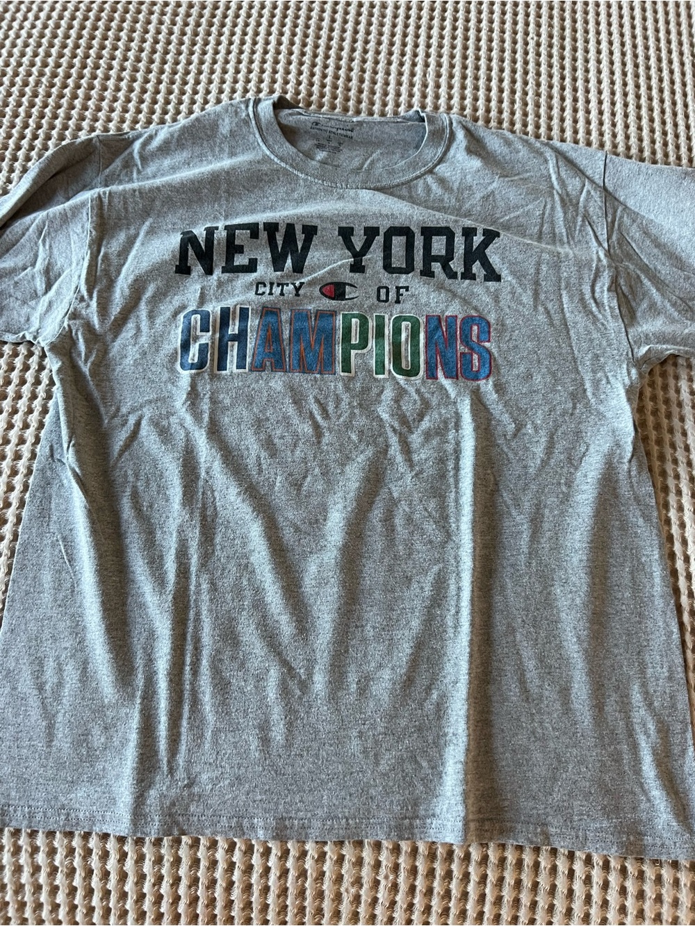 Champion Gray 'New York City of Champions' Graphic Tee with Multicolor Lettering